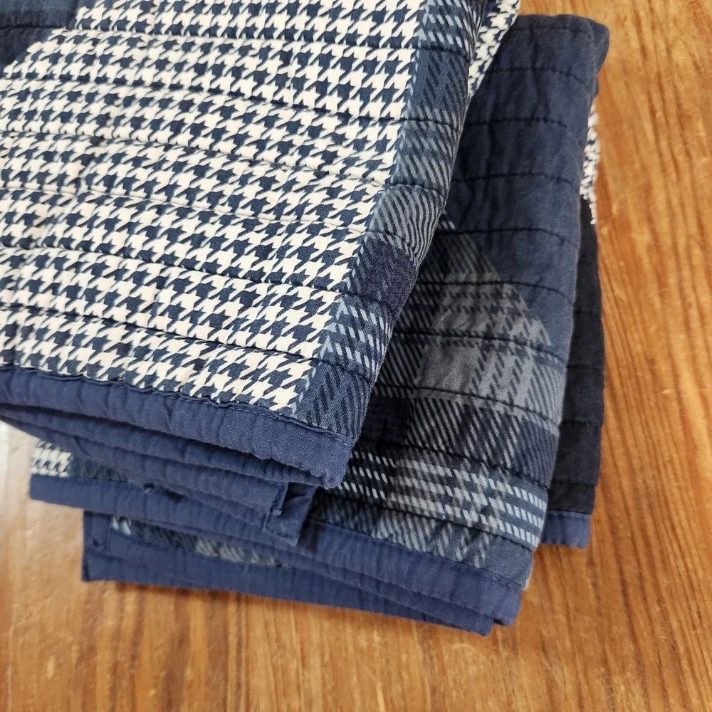 Set Two Blue Plaid Standard Pillow Shams 100% Cotton Quilted Patchwork Farmhouse